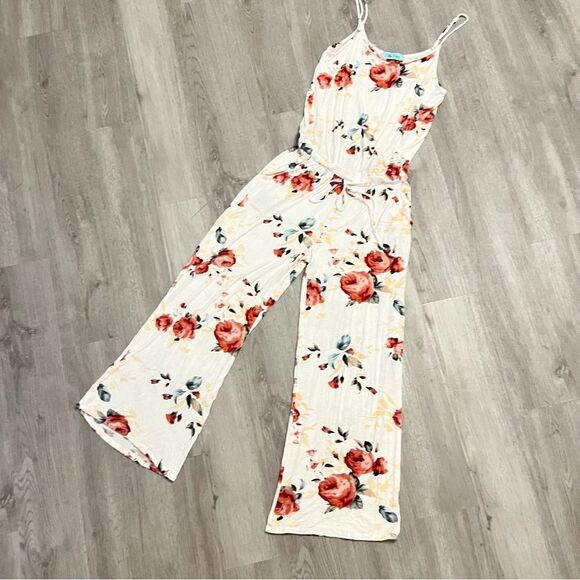 Filly Flair White & Red Floral Sleeveless Pant Jumpsuit Size Medium - Picture 3 of 10
